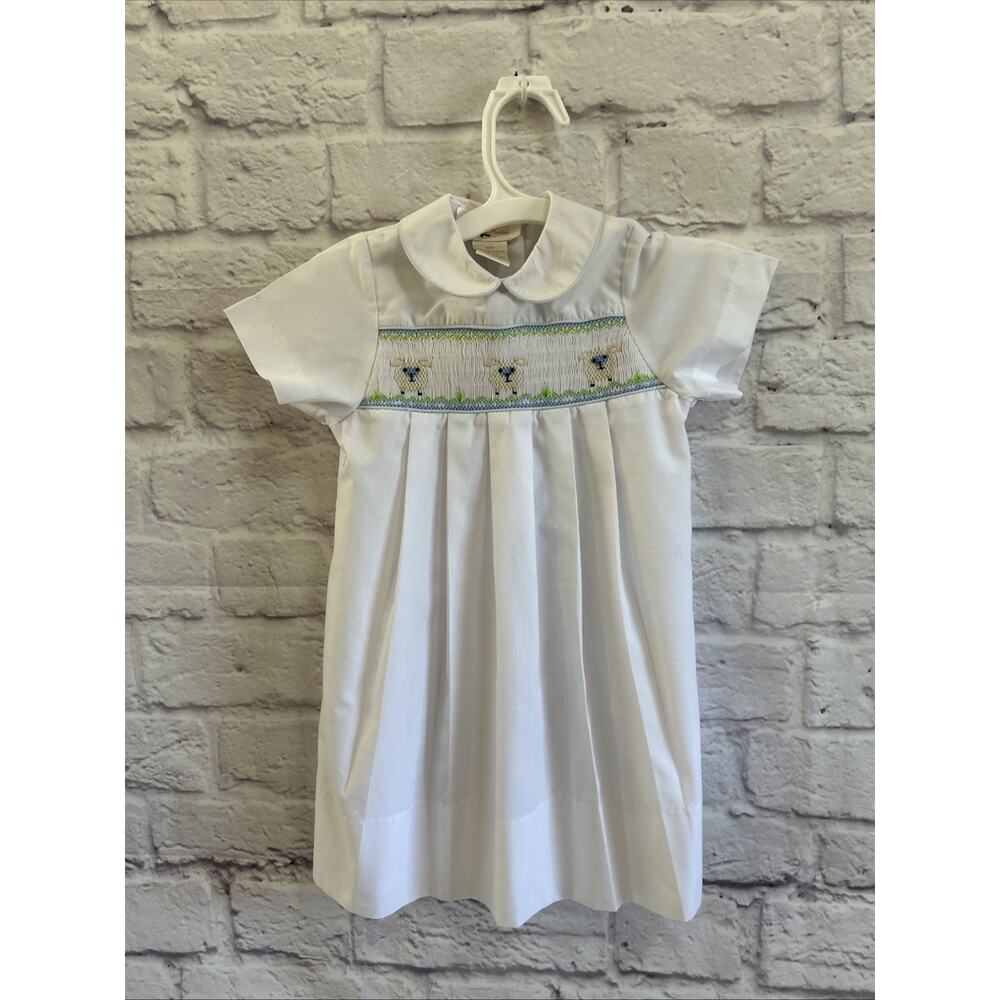 Sir John White Pleated And Smocked Collared Dress Sheep Design Size 6 Month